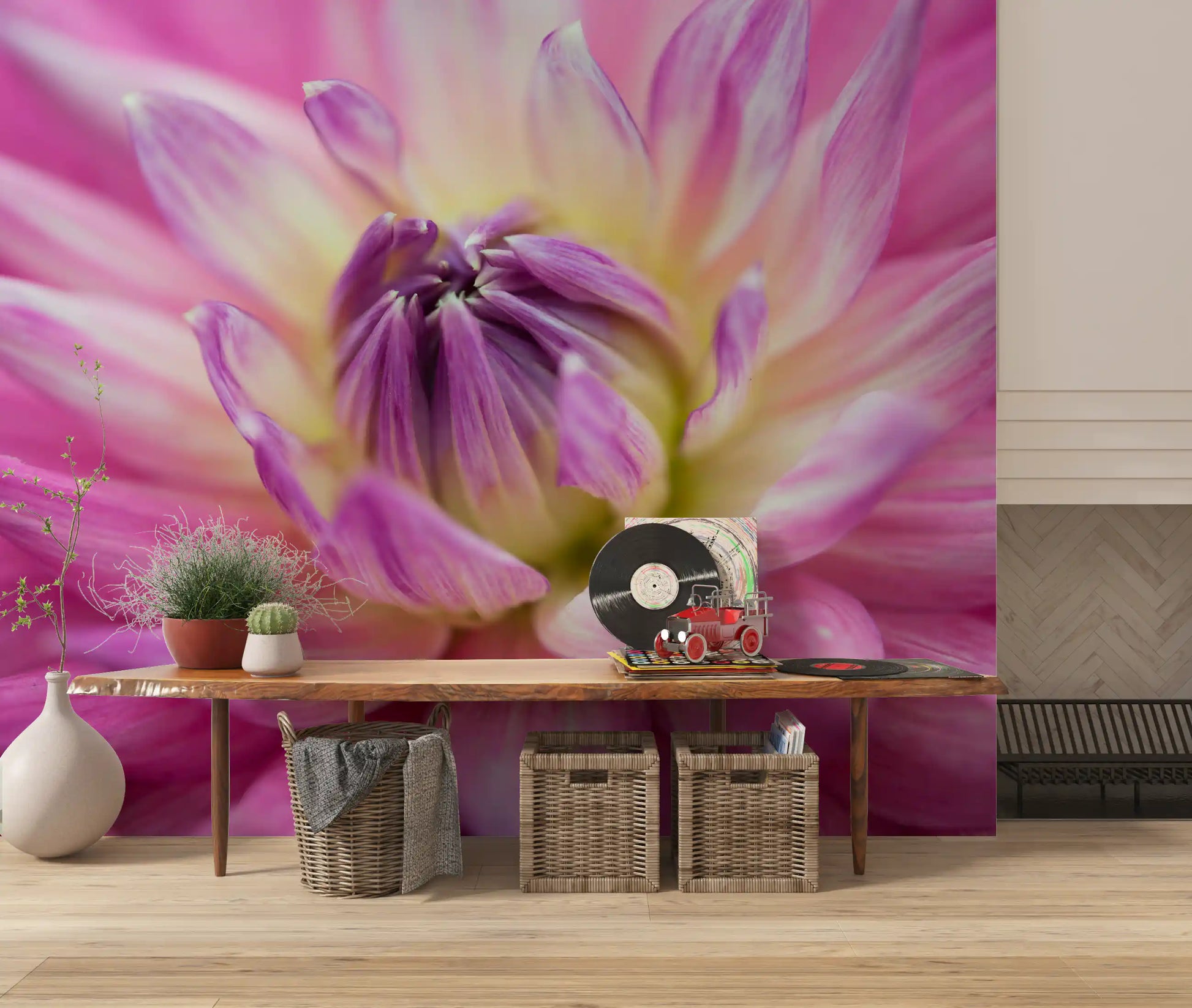 Cream and rose color fills a calm sitting room via the dahlia blossom wall mural.