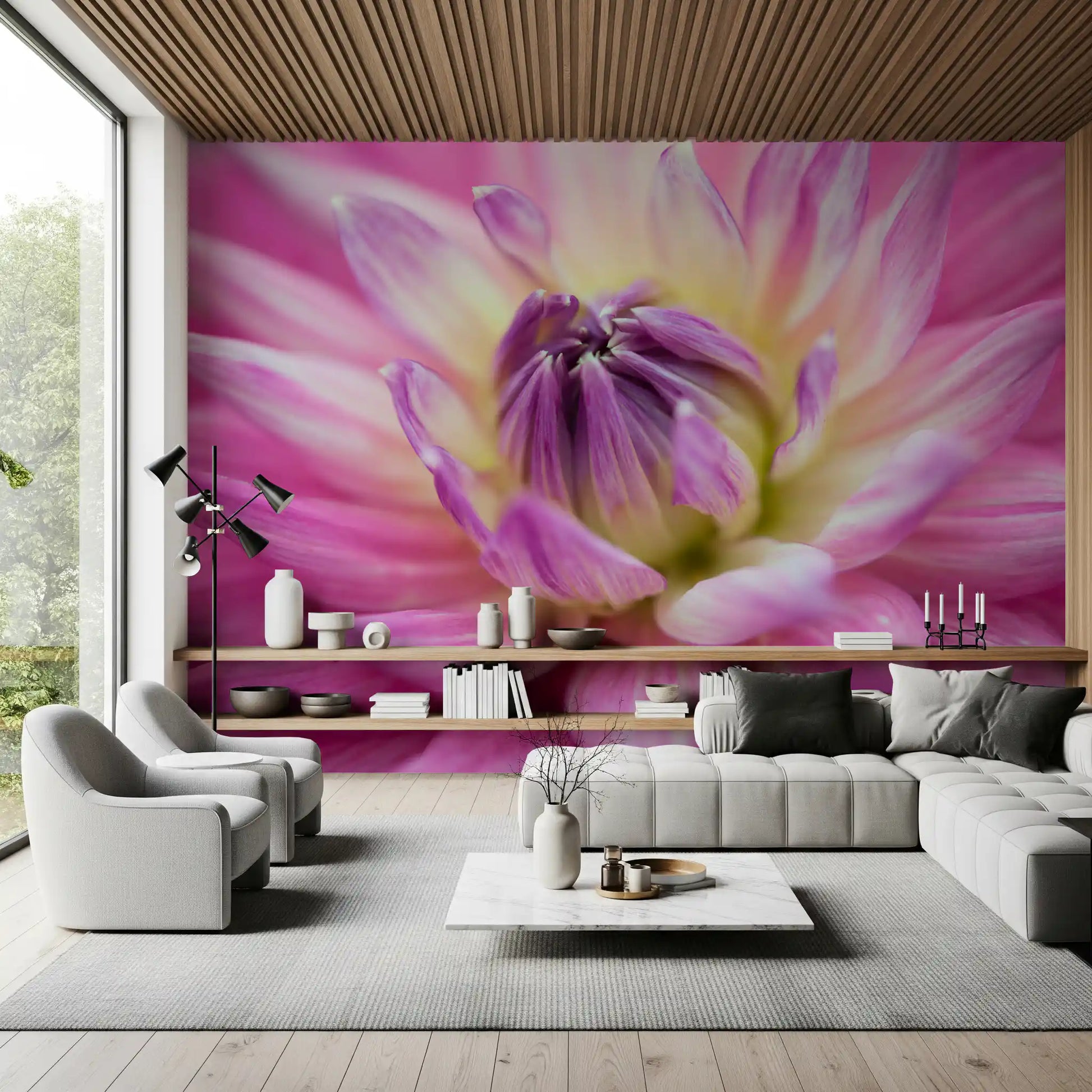 Rose-pink edges fade to white before the green-gold center of this blossom wall mural.