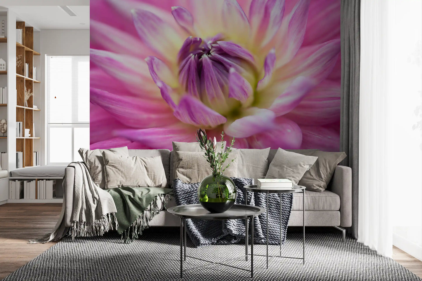 Petals open wide on a blossom wall mural giving the lounge one floral focus.