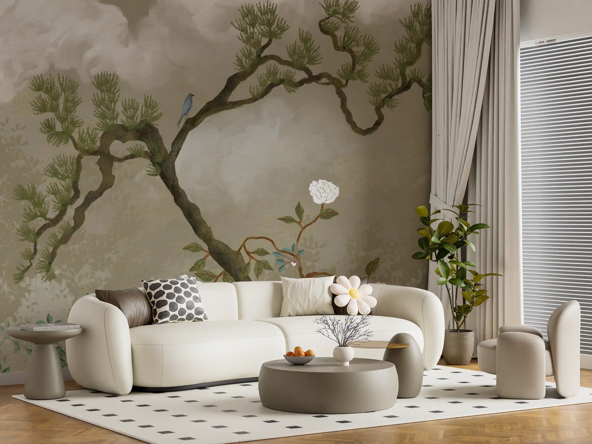 Calm Hallway corner with the chinoiserie wall mural and its perched bluebird