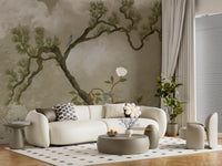 Calm Hallway corner with the chinoiserie wall mural and its perched bluebird