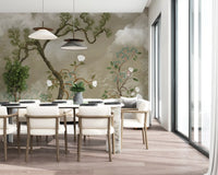 Round white peony blooms trailing along thin stems on the chinoiserie wall mural