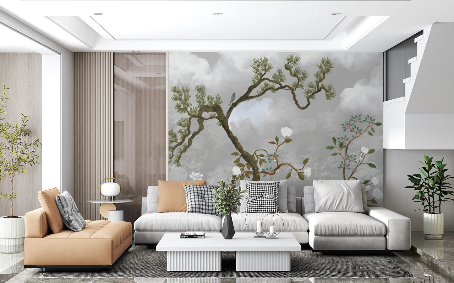 Twisting chinoiserie pine climbing through grey mist on the wall mural