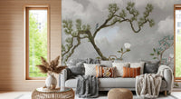 Pale clouded pine and white florals wall mural easing a living room 