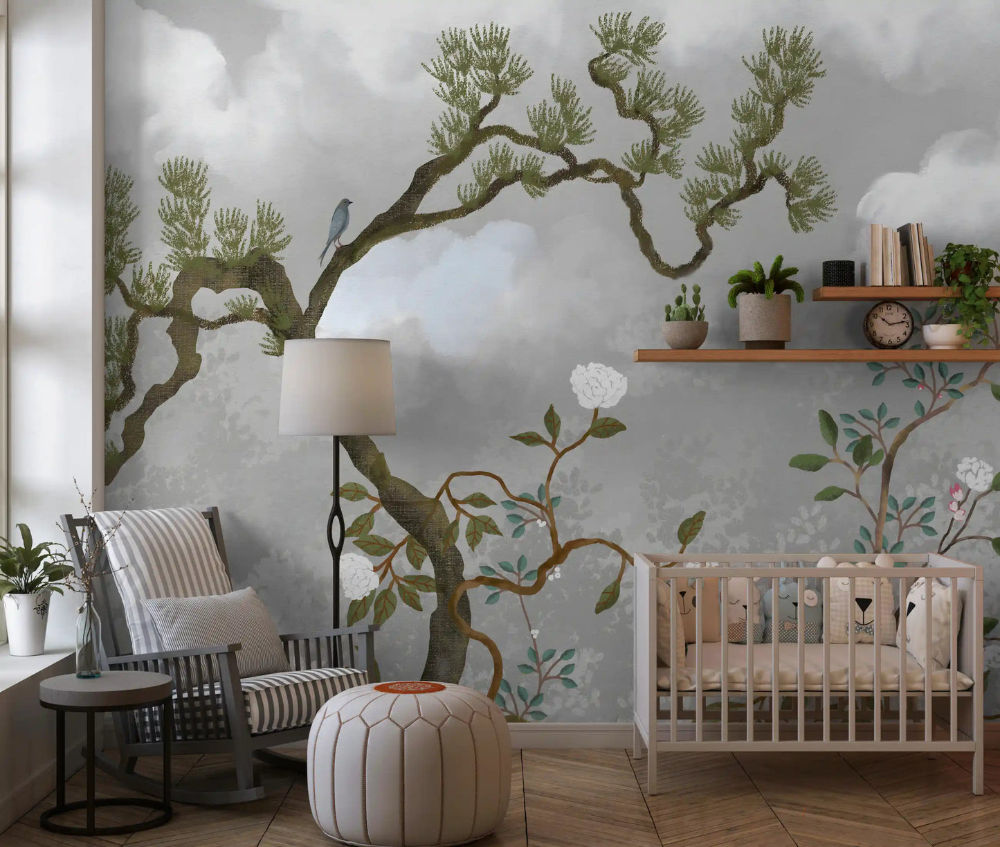 Quiet Nursery cantered on the Garden Bloom chinoiserie wall mural
