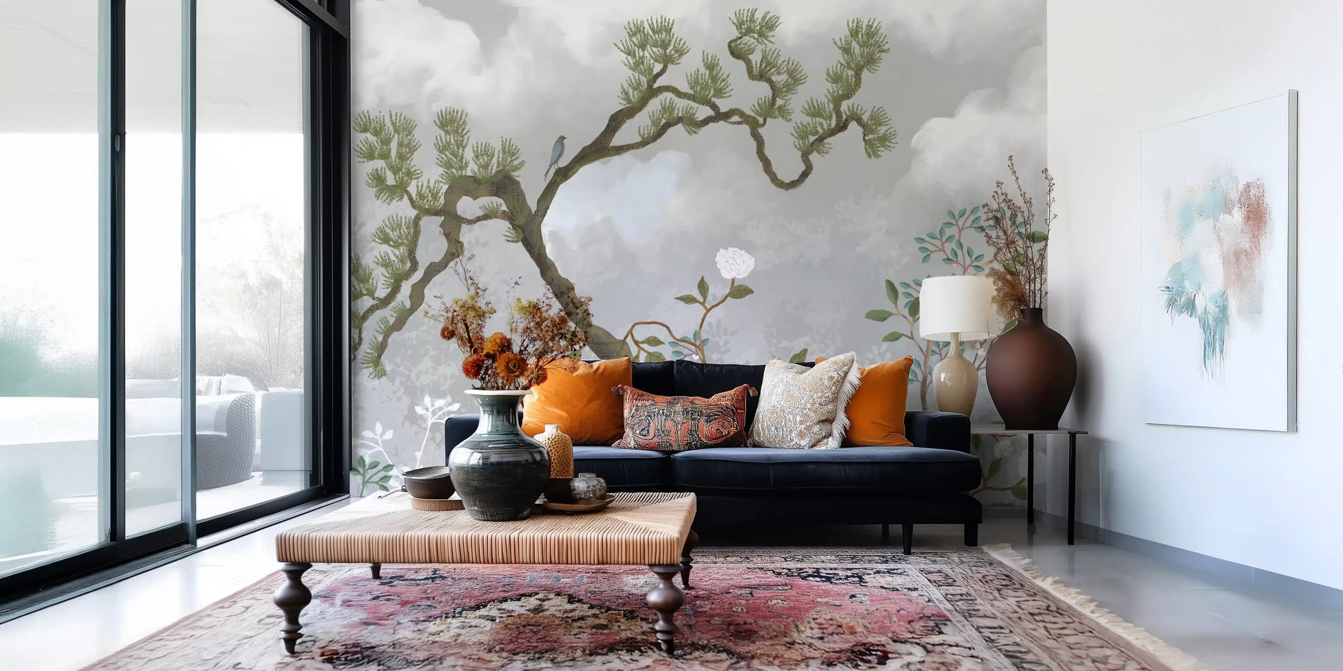 White peony blooms and slim leafy stems on the lower wall mural