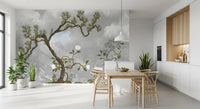 Faded botanical outlines drifting behind the pine on this wall mural