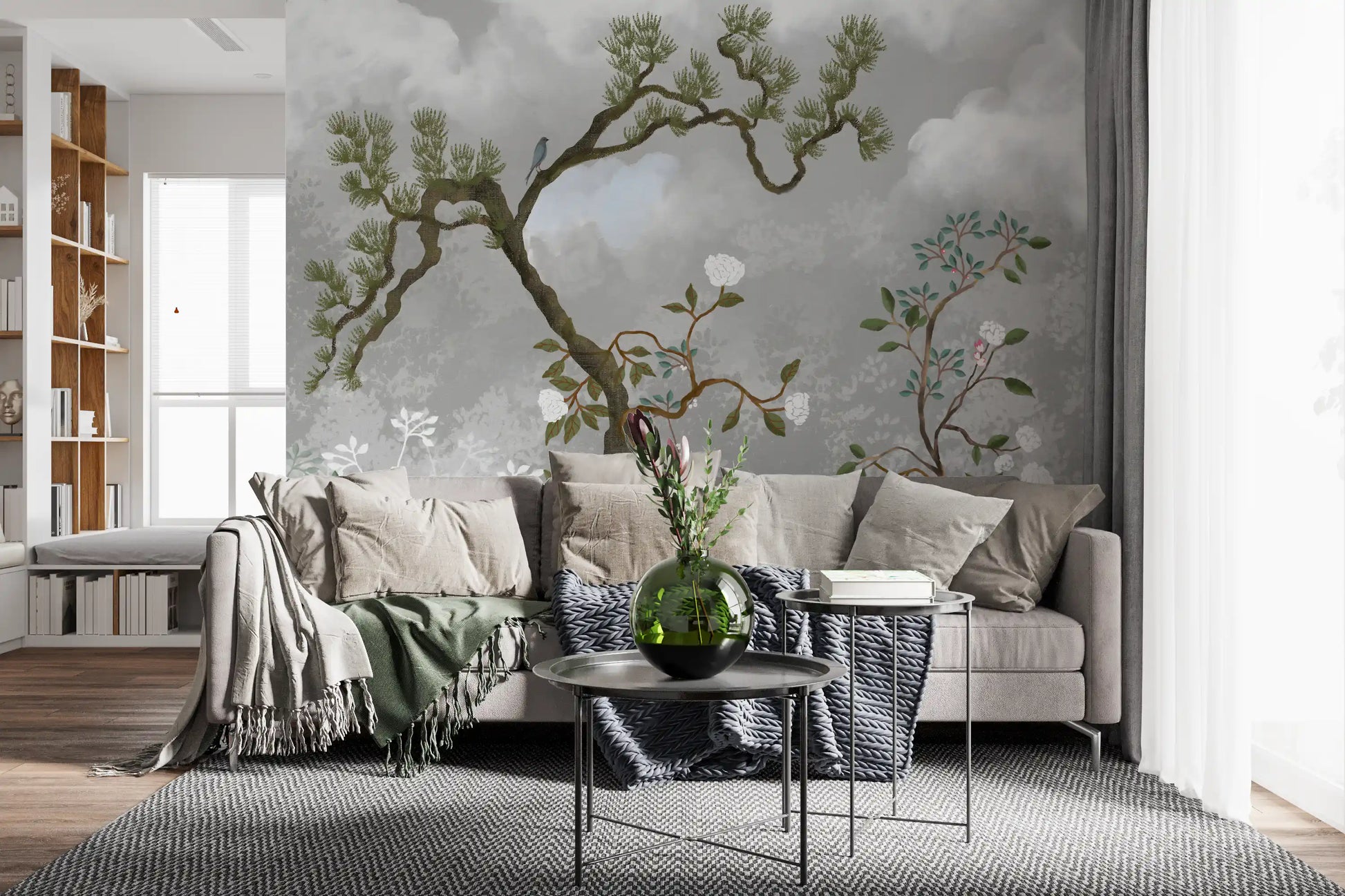 Living-room view shaped by a clouded pine and bloom wall mural