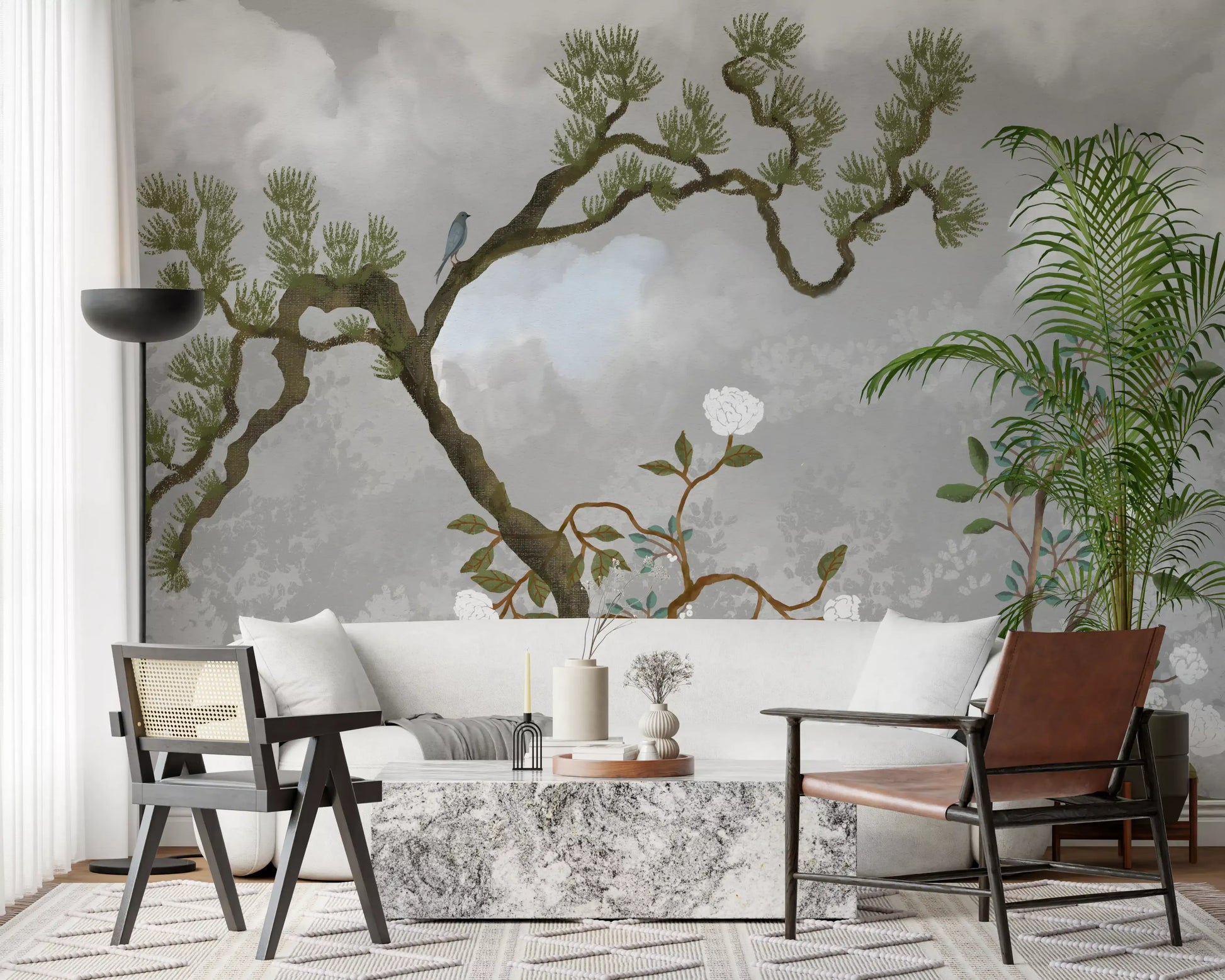 Misty Garden Bloom wall mural lining a Living room