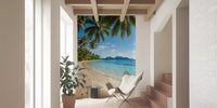 Distant green islands sit on the horizon within this Beachside Serenity wall mural