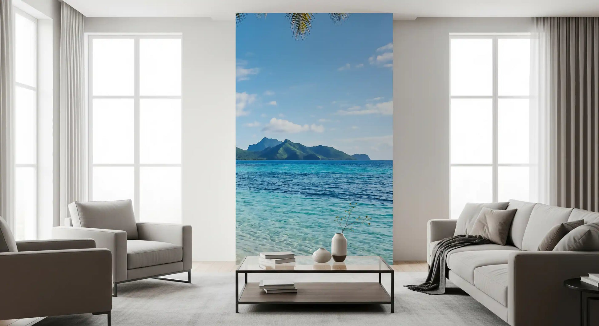 Turquoise shallows fade into deep ocean blue beyond the Tropical Beachside wall mural