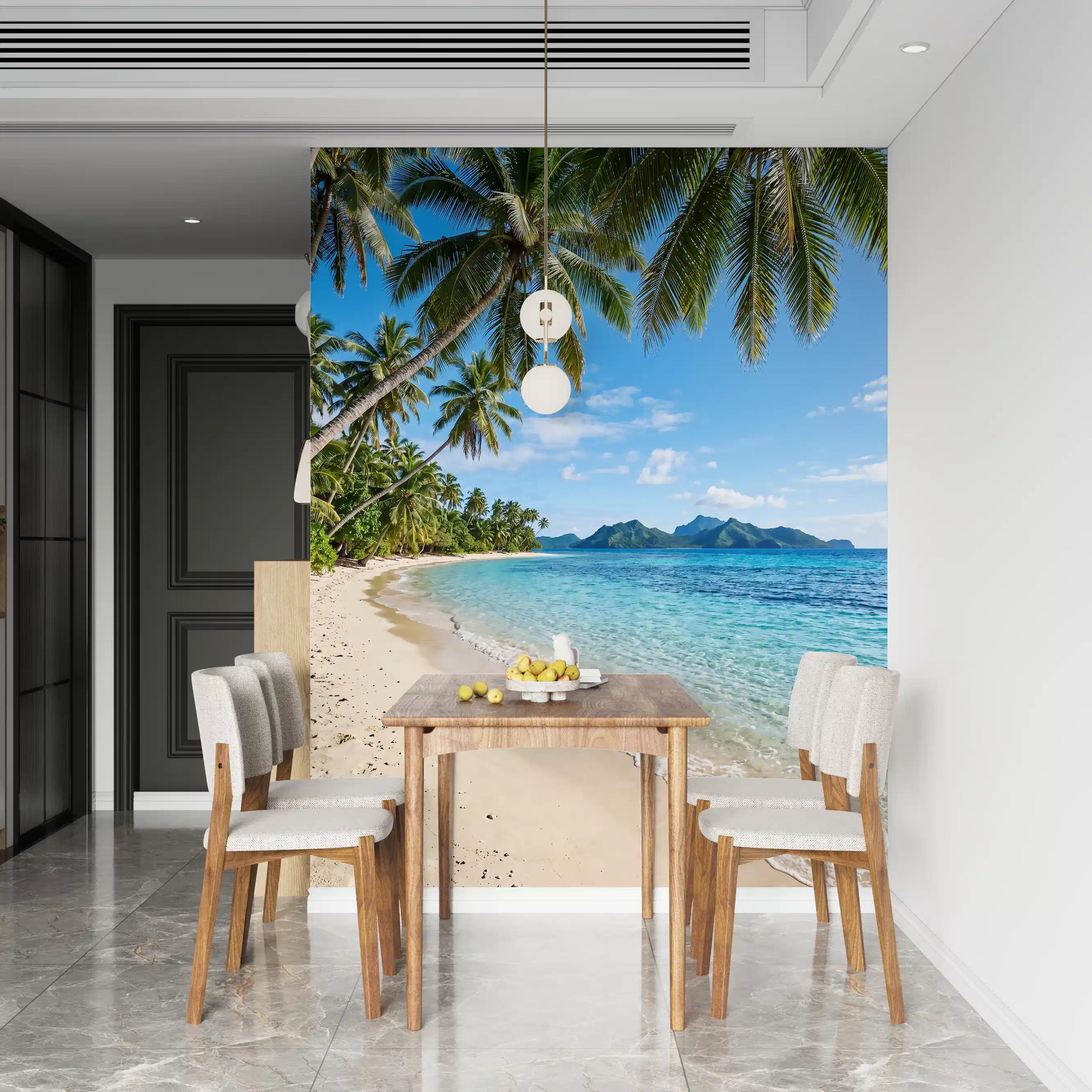 Gentle white foam edges the sand line shown in the Tropical Beachside Serenity wall mural