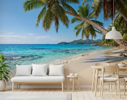 Turquoise sea and leaning palms fill the Dining room in this Beach Paradise wall mural