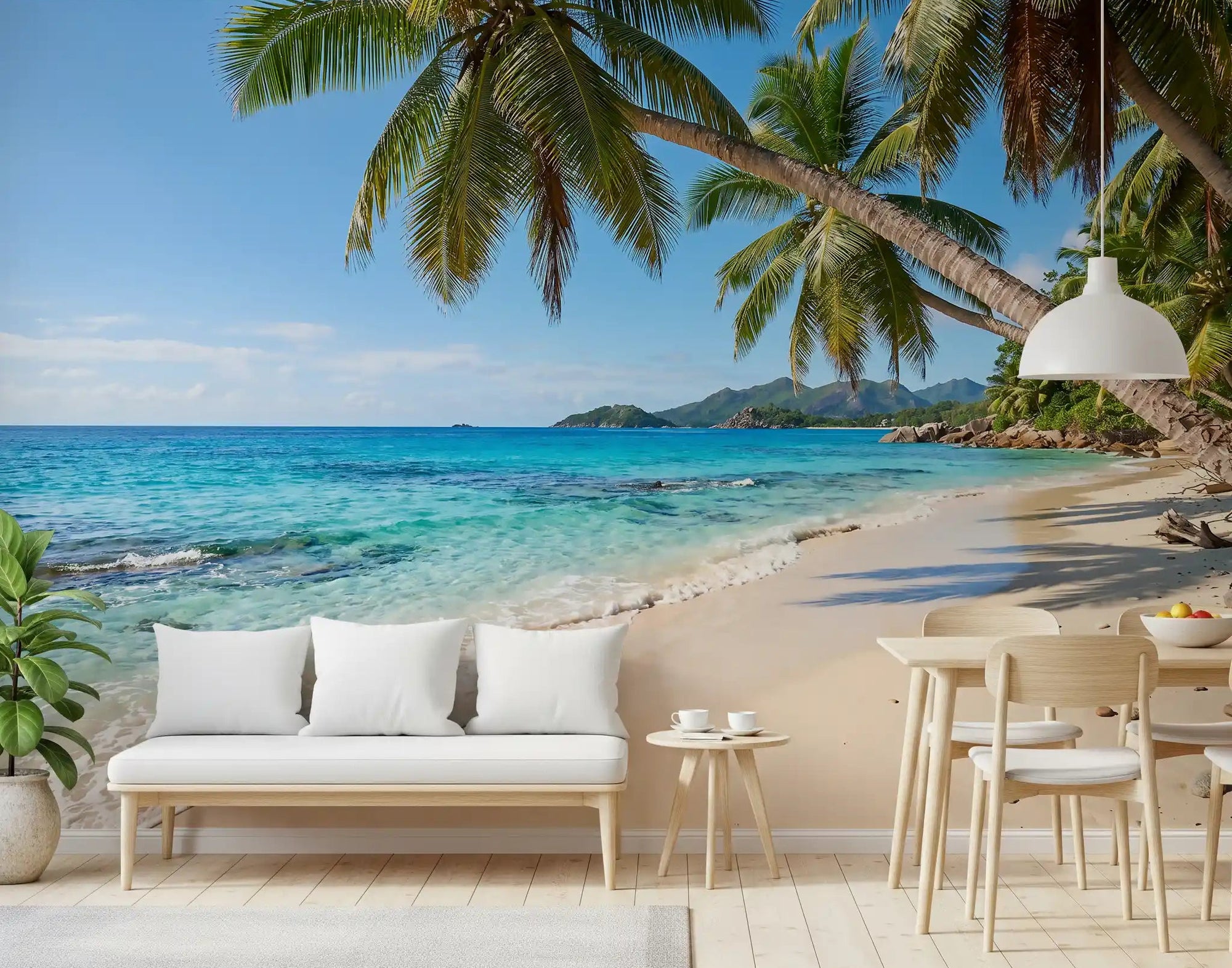 Turquoise sea and leaning palms fill the Dining room in this Beach Paradise wall mural