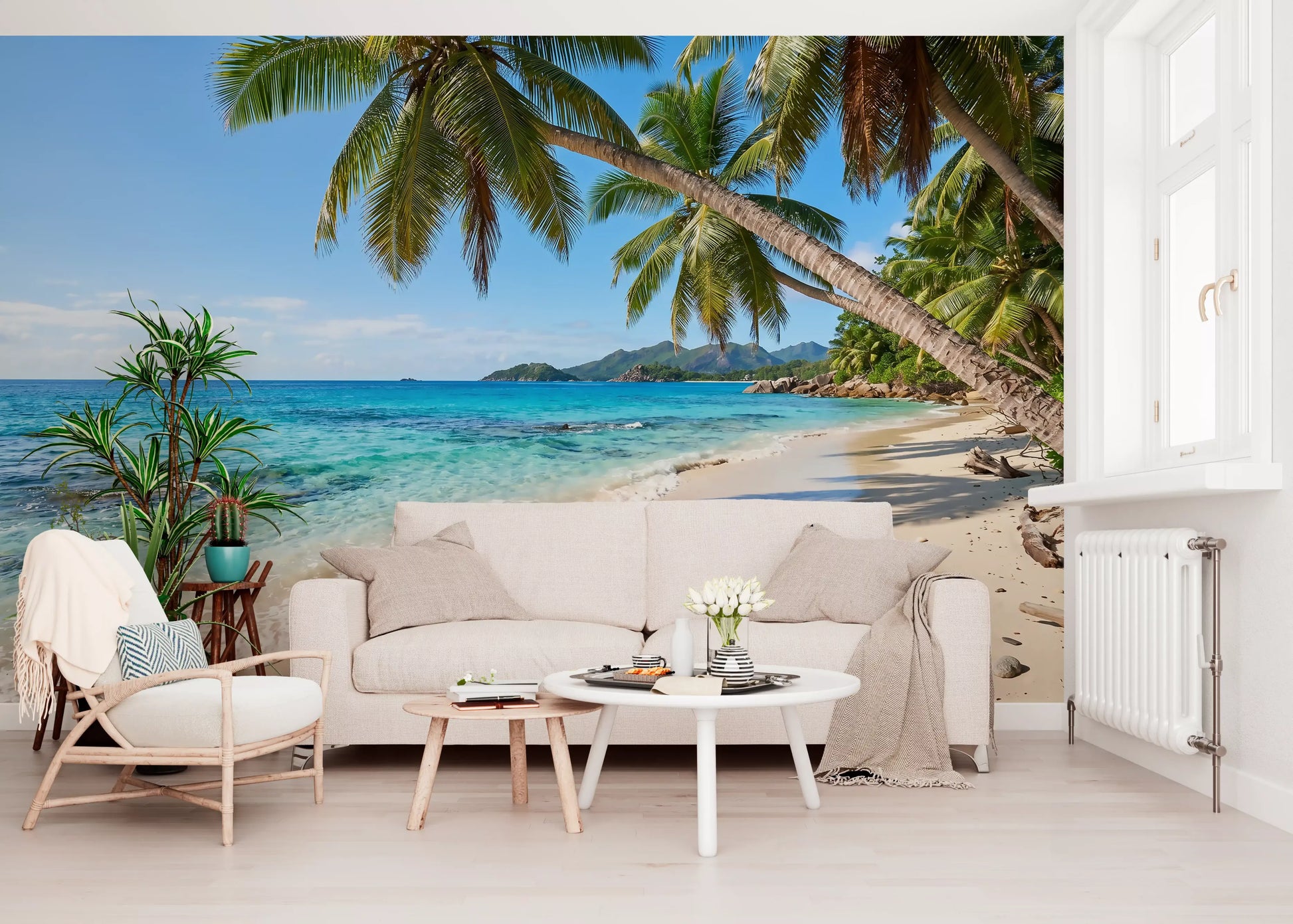 Living room gains a calm seaside outlook from the Tropical Beach Paradise wall mural