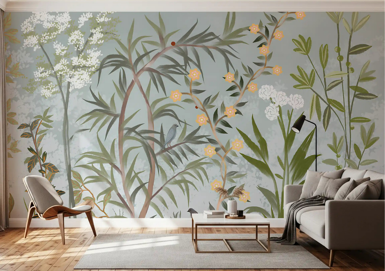 Living room set against a chinoiserie garden wall mural with white blossom.