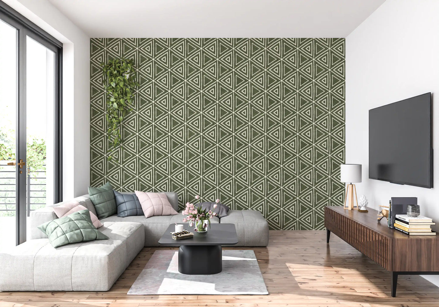 Tiny ivory dots mark each point where the triangle lines join on the wallpaper