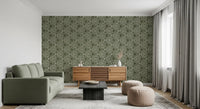 Geometric mudcloth wallpaper styling a living room with a relaxed organic mood