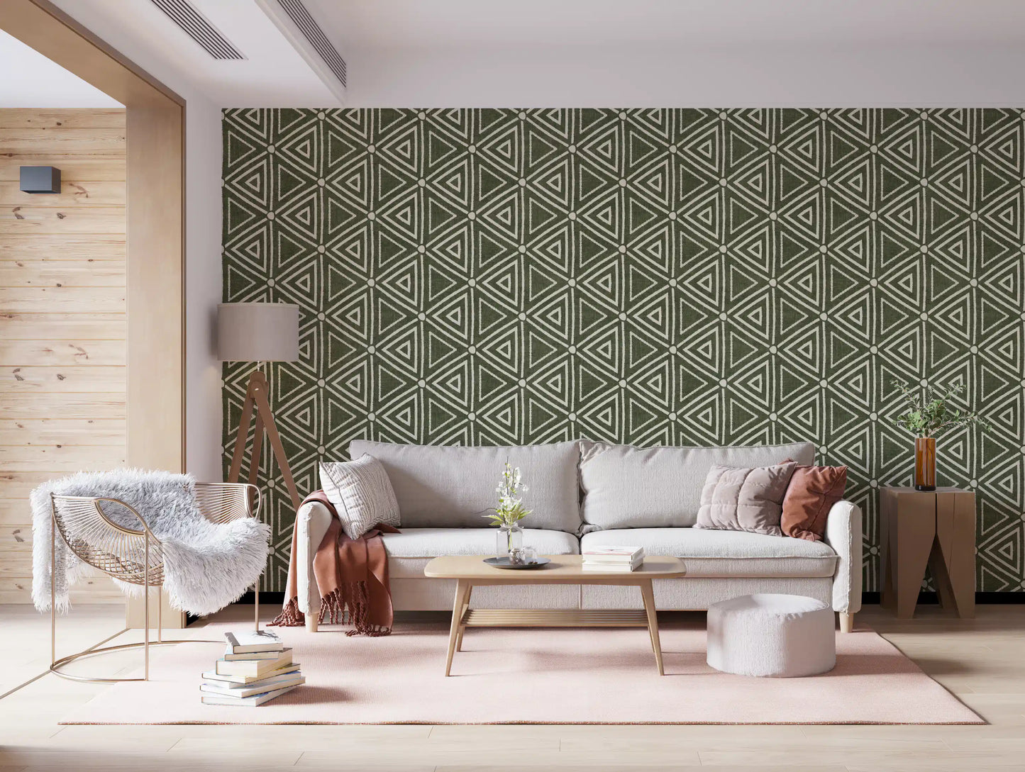 Nested cream triangles repeating tip to tip over the moss green wallpaper
