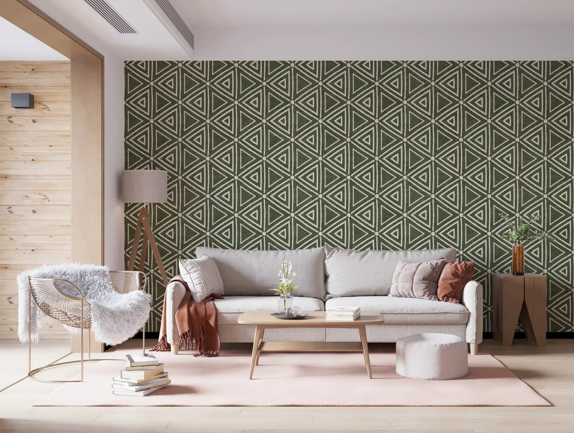 Nested cream triangles repeating tip to tip over the moss green wallpaper