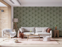Nested cream triangles repeating tip to tip over the moss green wallpaper