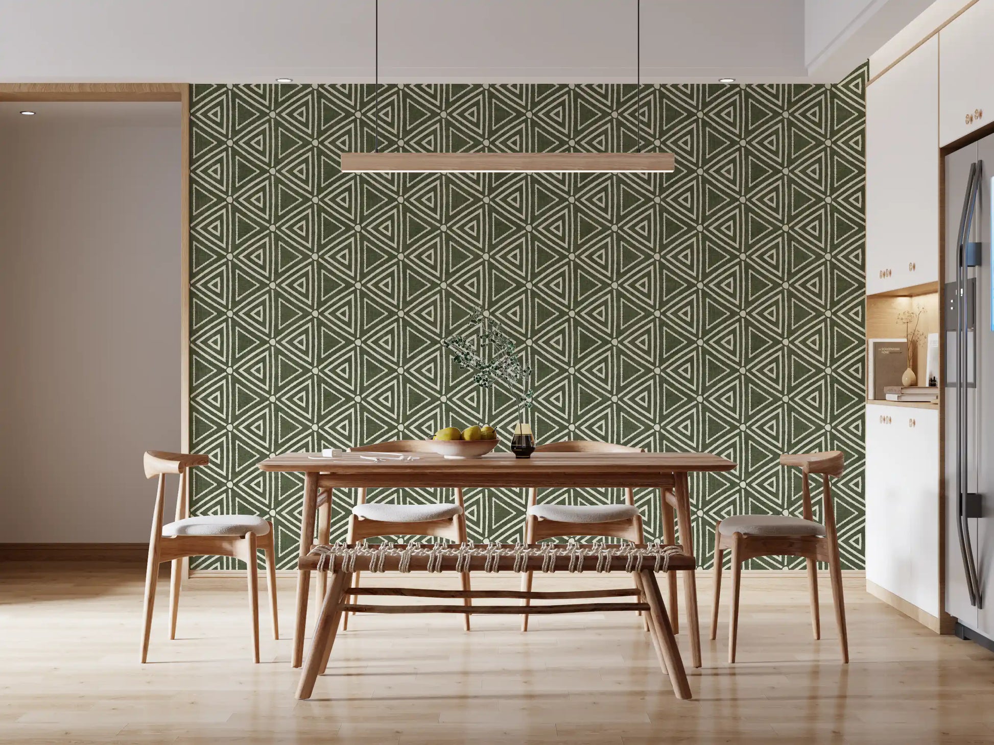 Snug Dining room paired with the boho triangle wallpaper, moss over cream tones