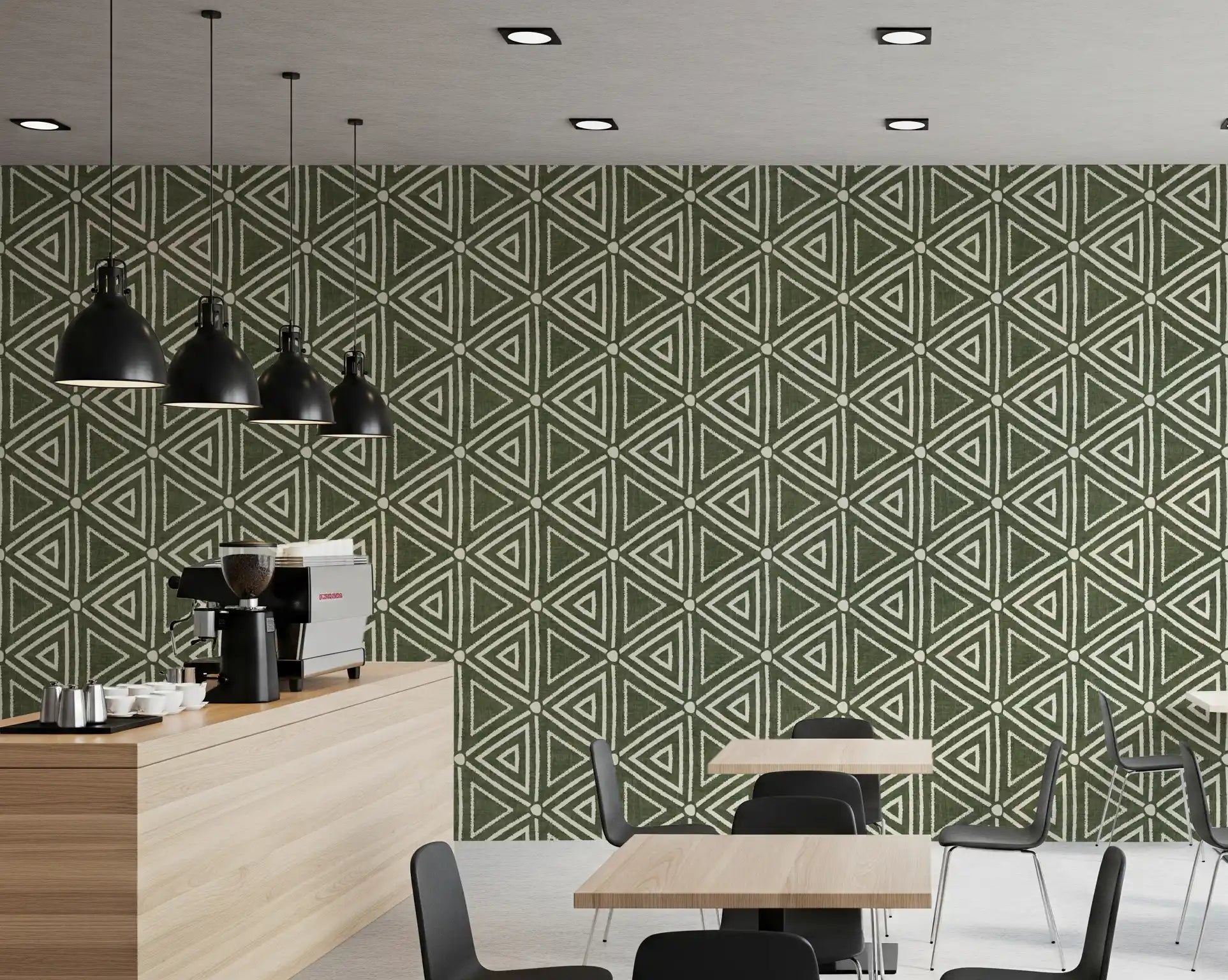 Earthy mudcloth wallpaper guiding a Cafe with ivory triangles over moss green