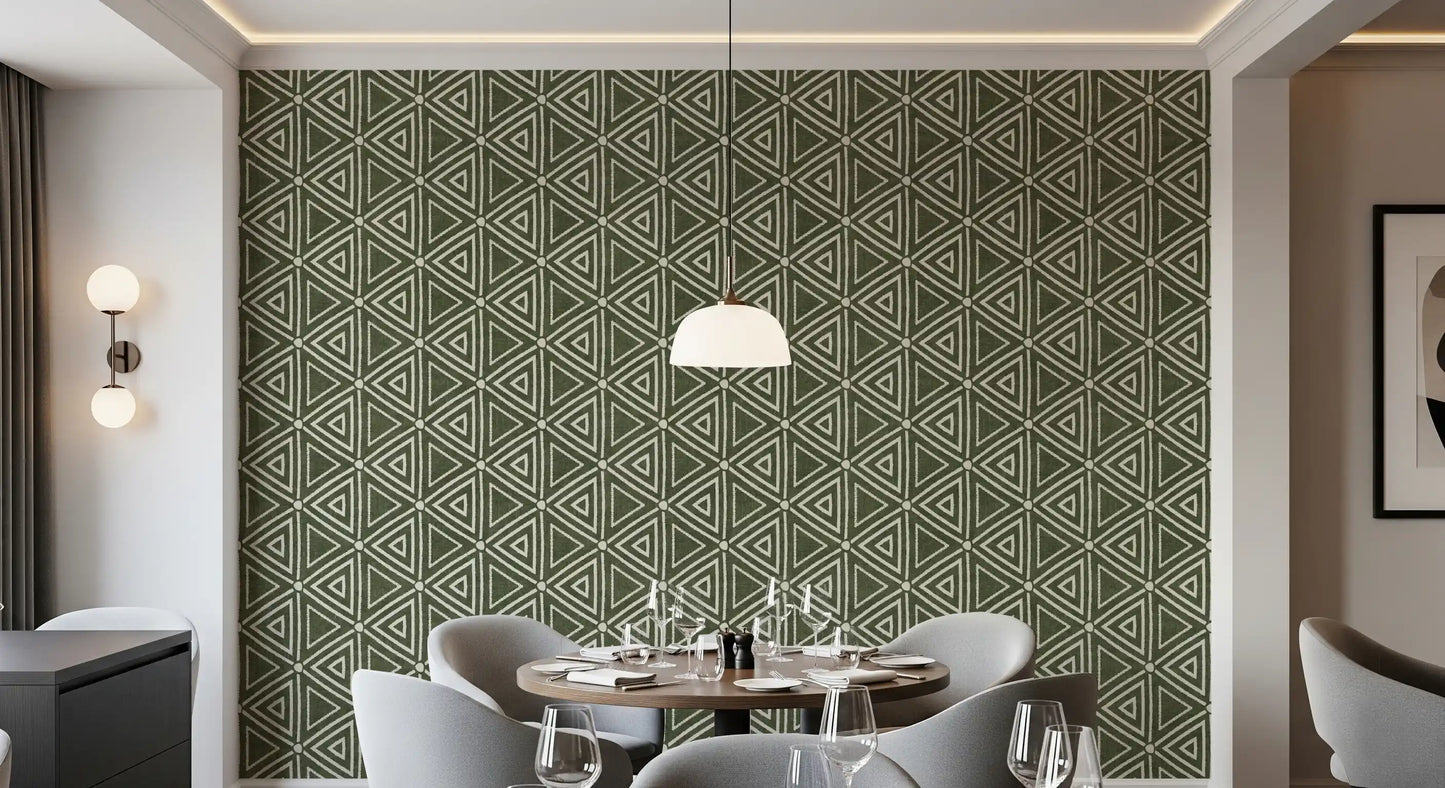 A boho triangle repeat in chalky cream gives a Dining room an earthy, grounded wallpaper feel