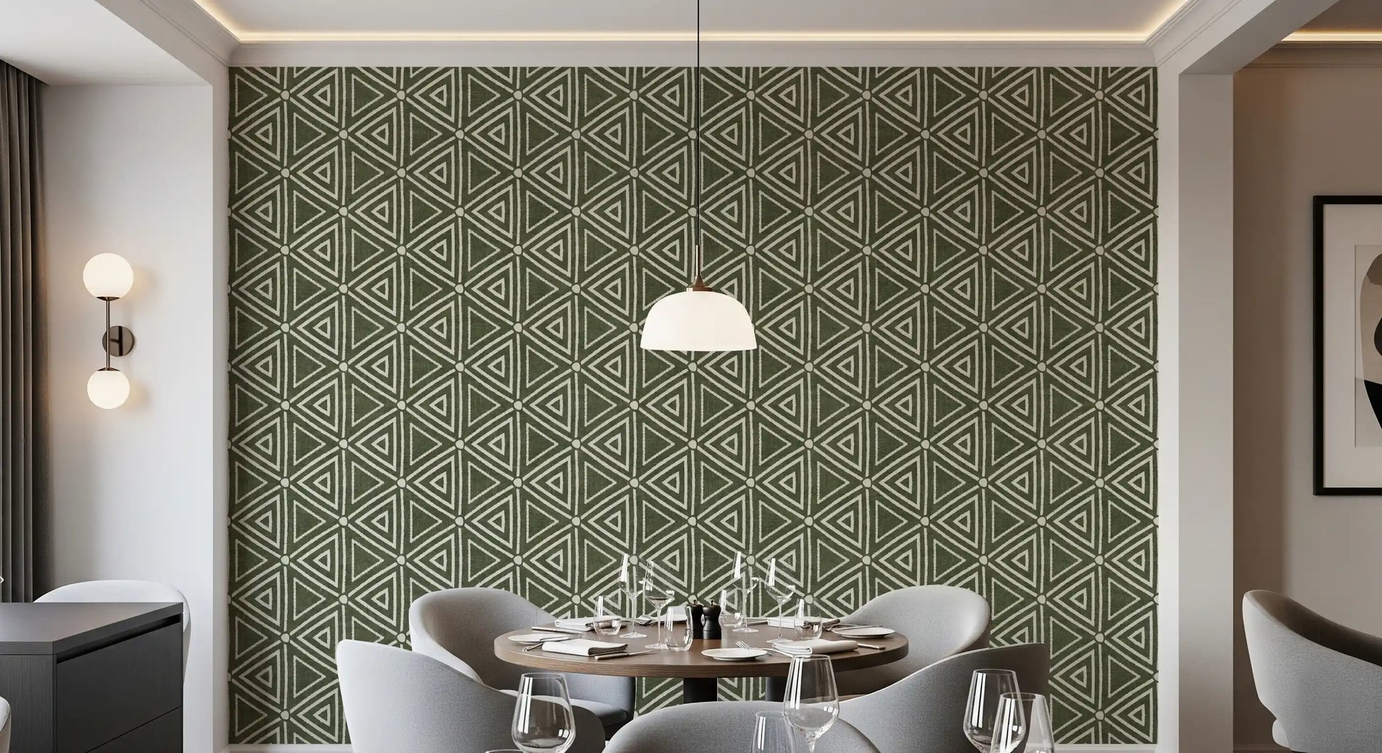 A boho triangle repeat in chalky cream gives a Dining room an earthy, grounded wallpaper feel