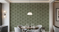A boho triangle repeat in chalky cream gives a Dining room an earthy, grounded wallpaper feel