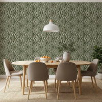 Deep olive green sets the base tone beneath the chalky boho triangle wallpaper
