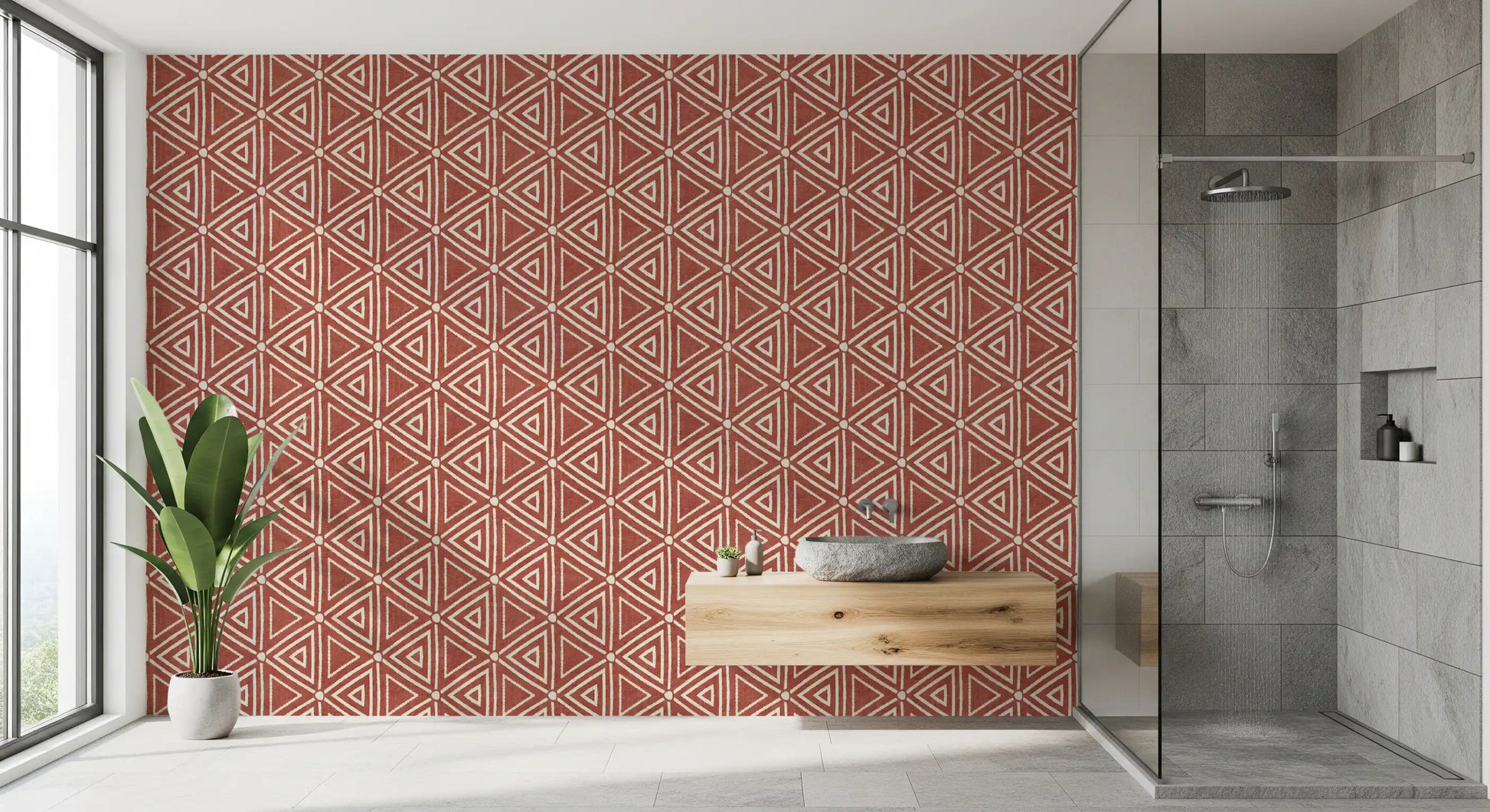 Two-tone rust and cream geometry repeating evenly on the wallpaper