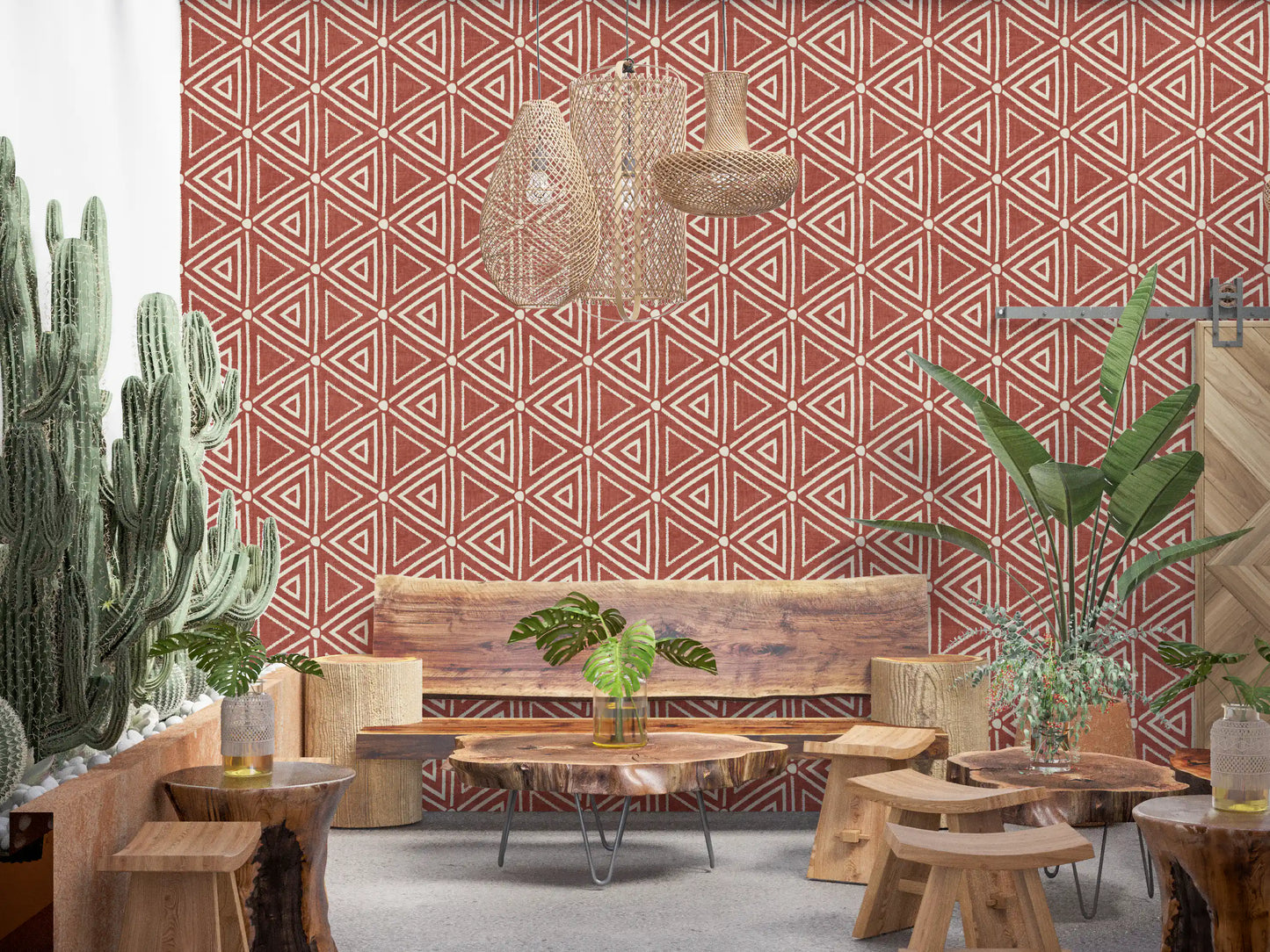 Nested cream triangles tiled over rust terracotta in this mudcloth wallpaper