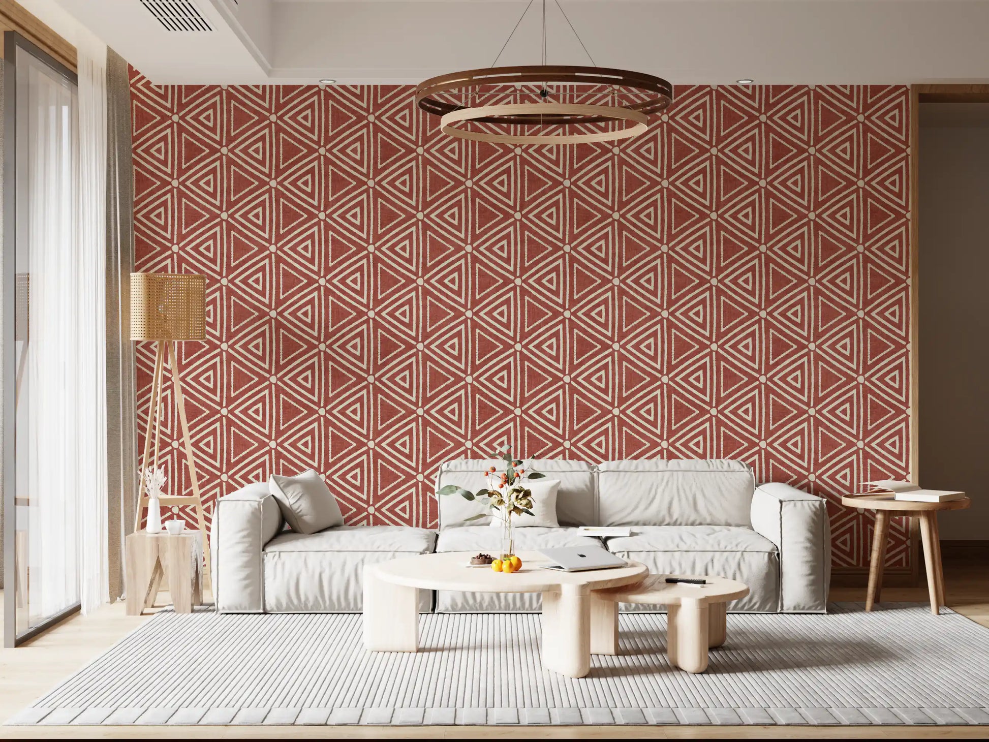 Boho rust geometric wallpaper giving a living room its base tone