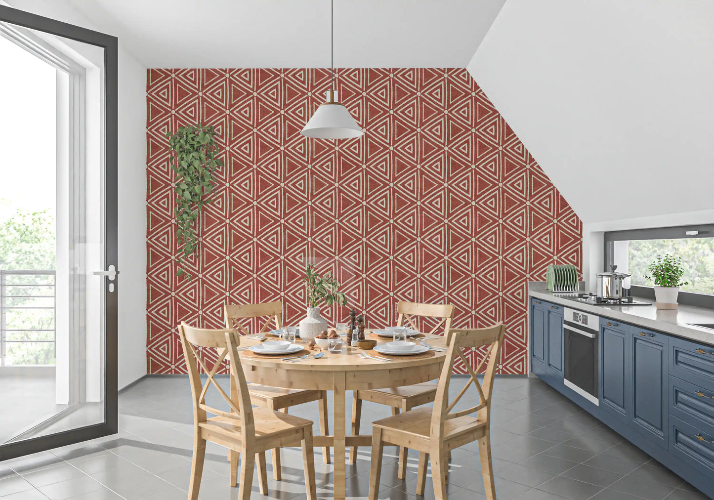Kitchen-dining room Warm rust triangle wallpaper lining a narrow 