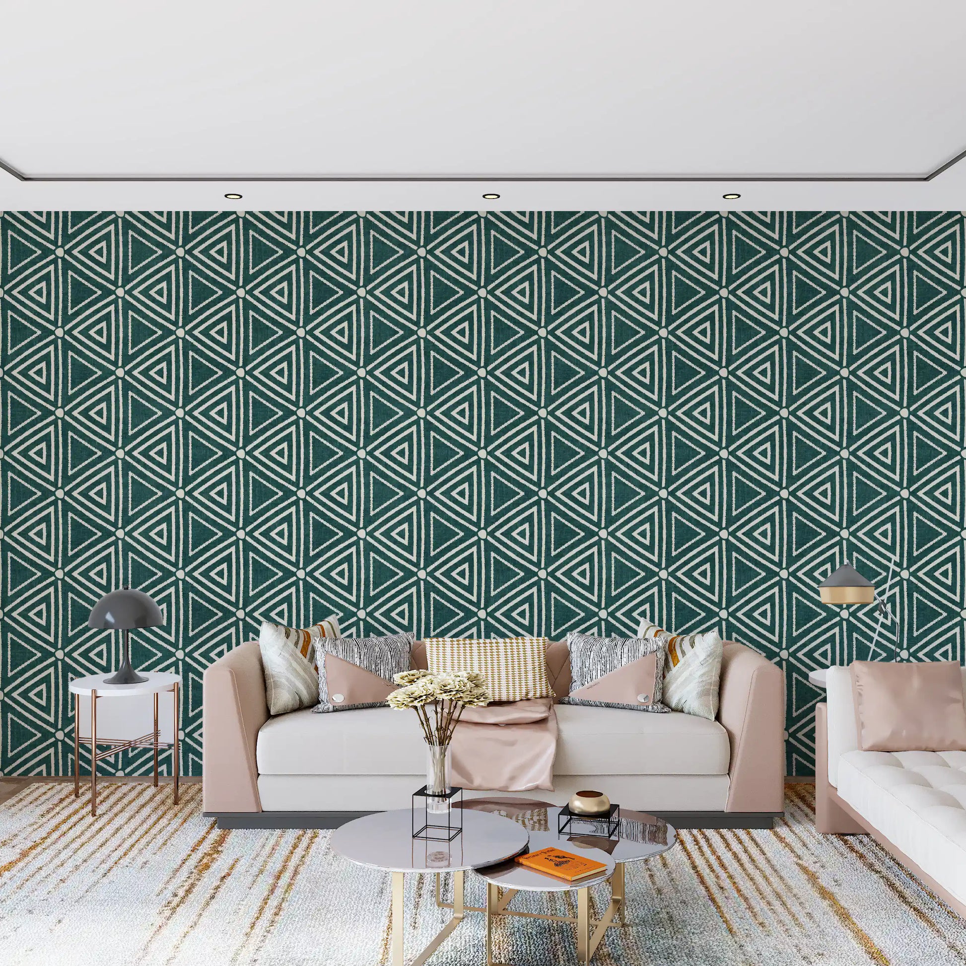Cream outlines ring each triangle against the teal ground of this Mudcloth Boho wallpaper
