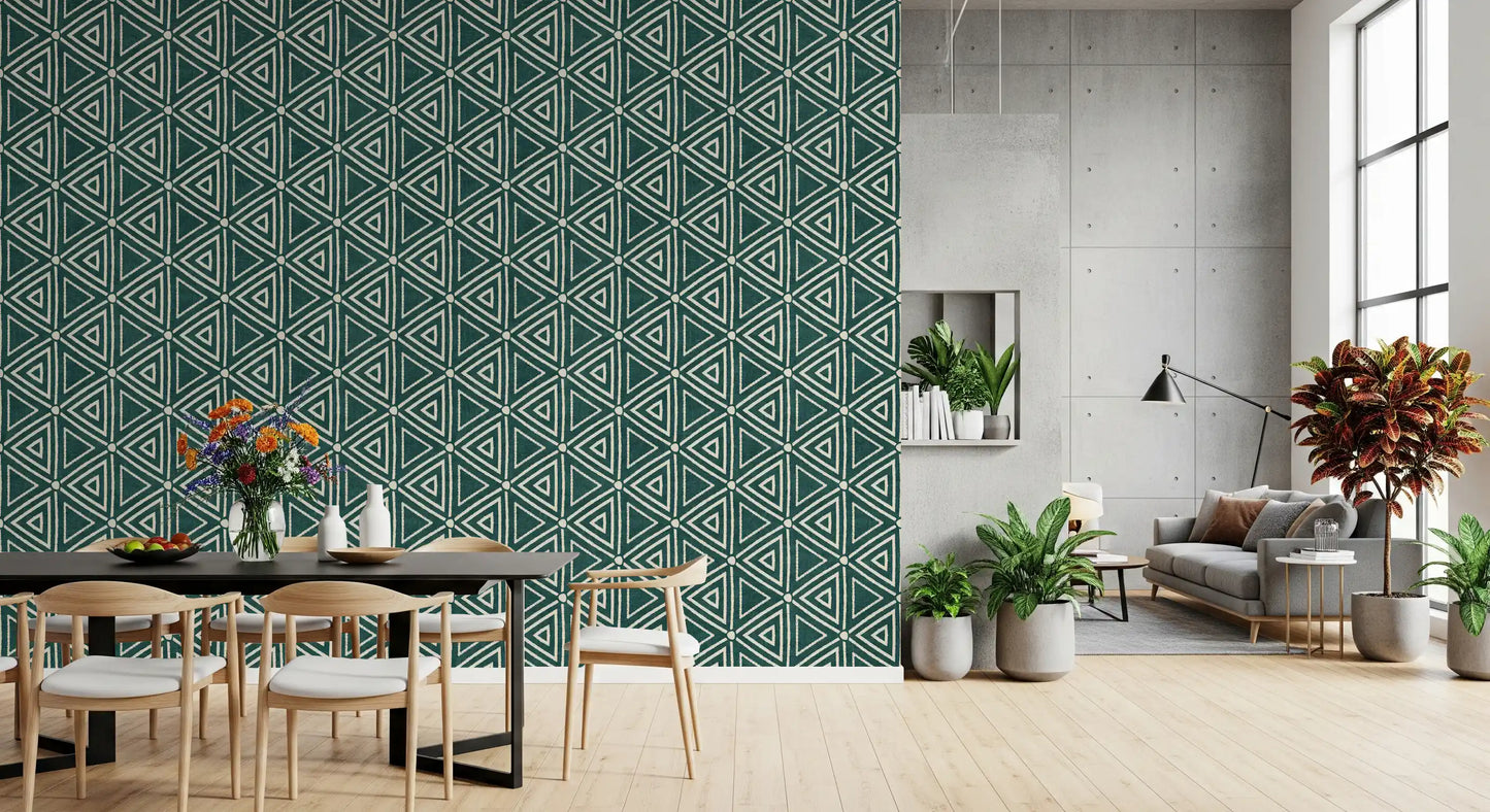 Small ivory dots mark every join in the Geometric Triangles Boho wallpaper