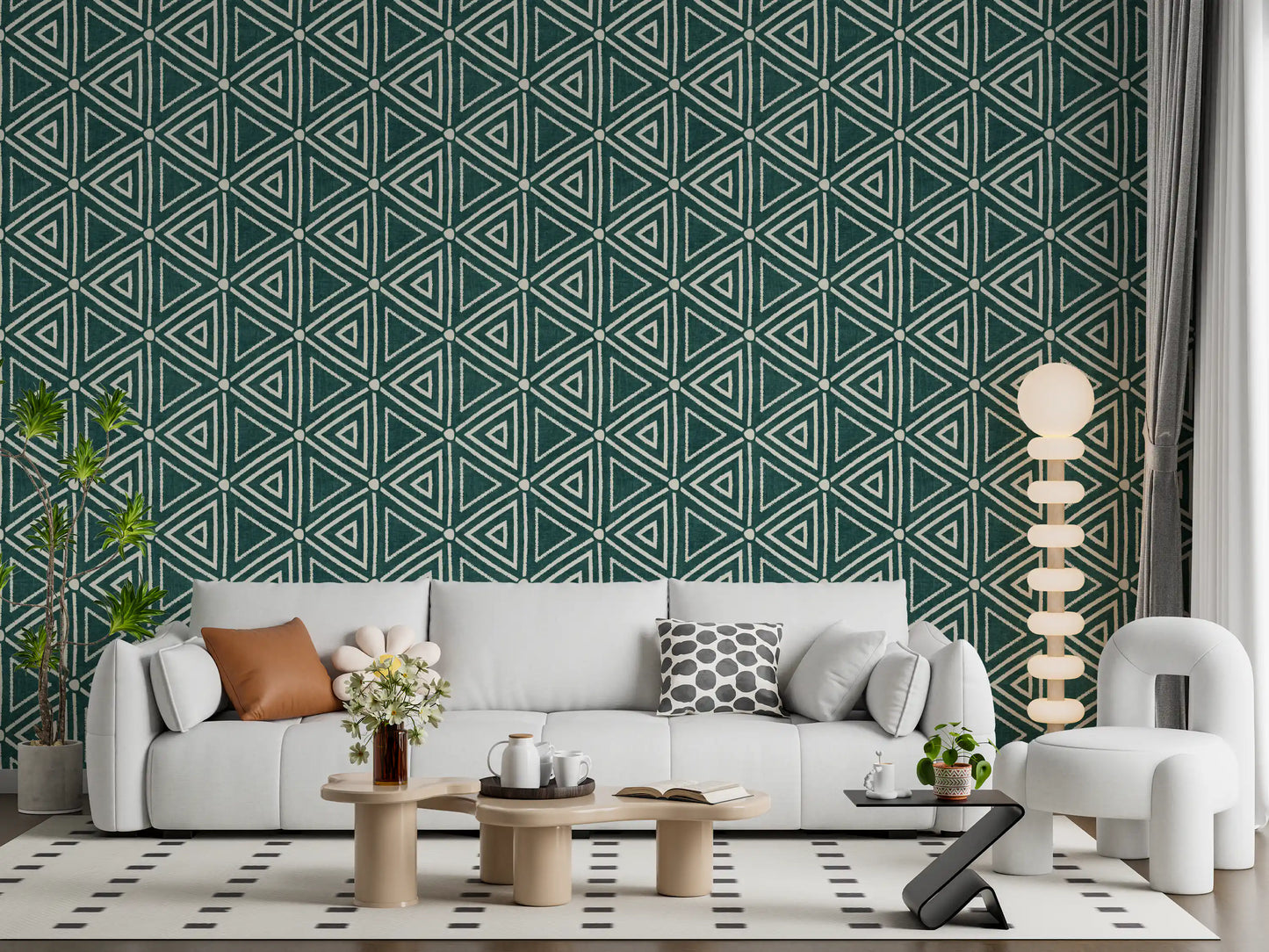 Matte cream linework keeps a Lounge area calm, shown here in Mudcloth Boho wallpape