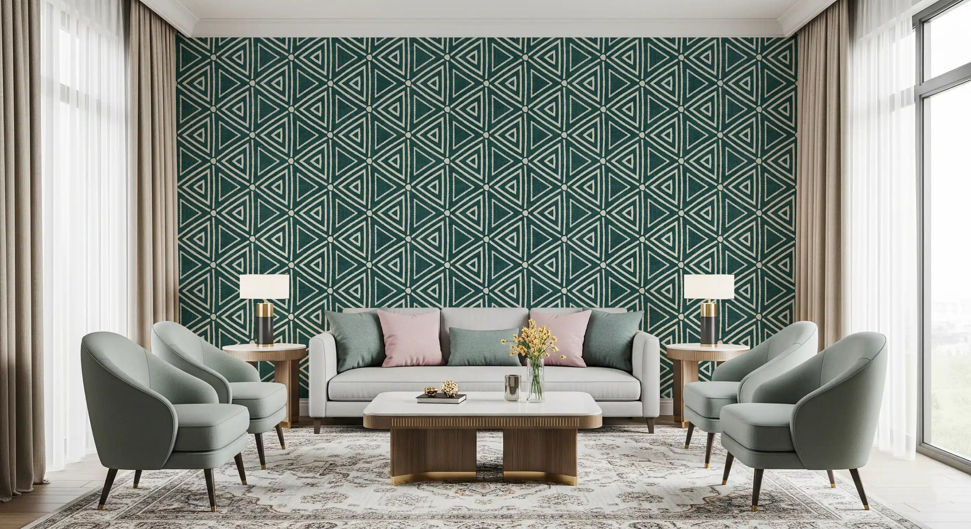 Teal tones calm a quiet Living room as the Triangles Boho wallpaper steadies the room