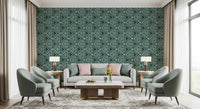 Teal tones calm a quiet Living room as the Triangles Boho wallpaper steadies the room