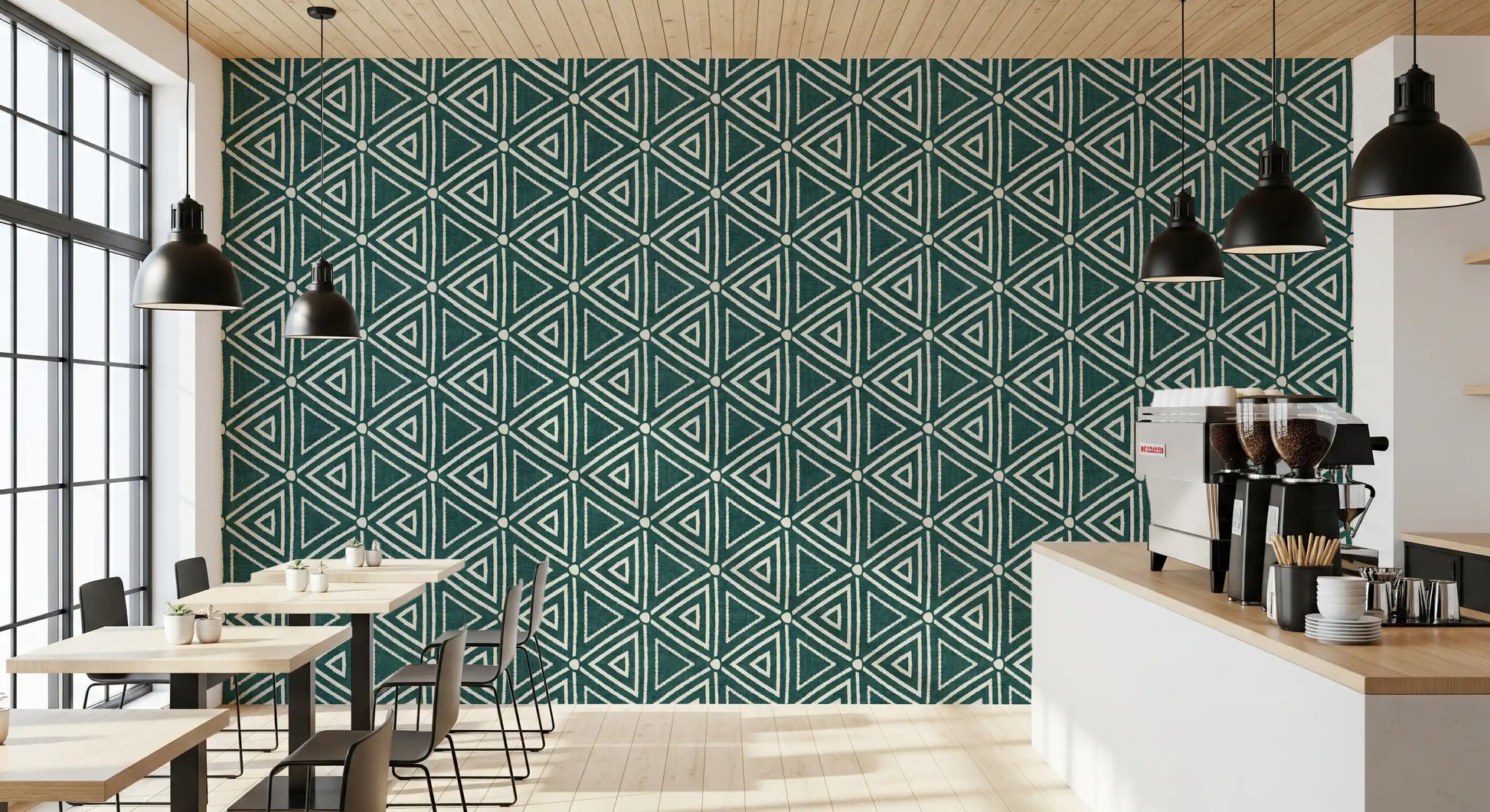 A faint linen grain sits behind the loose triangle motif of this Mudcloth Boho wallpaper