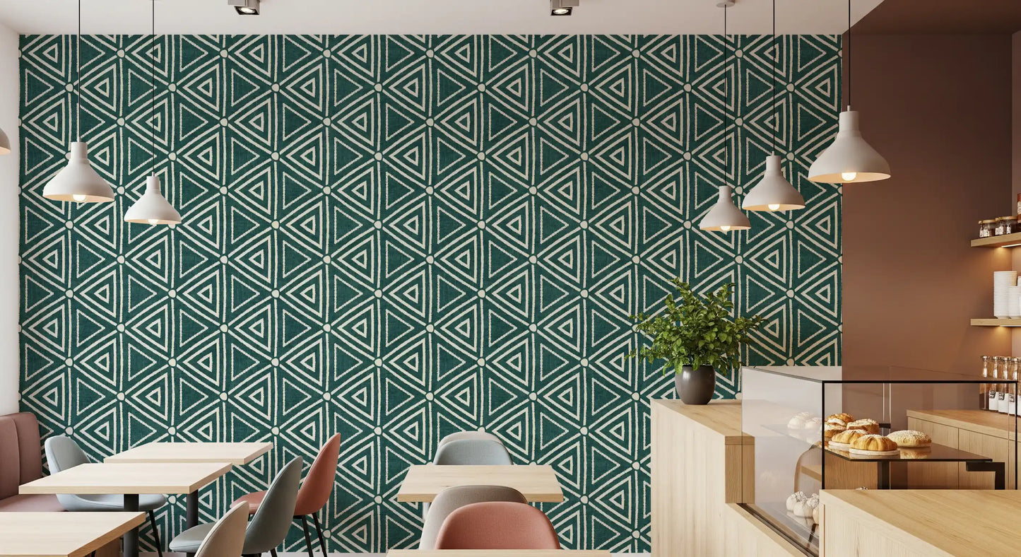 Earthy teal moves a narrow Restaurant along, with Boho Triangles wallpaper guiding the eye