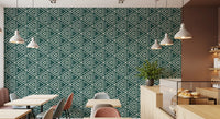 Earthy teal moves a narrow Restaurant along, with Boho Triangles wallpaper guiding the eye
