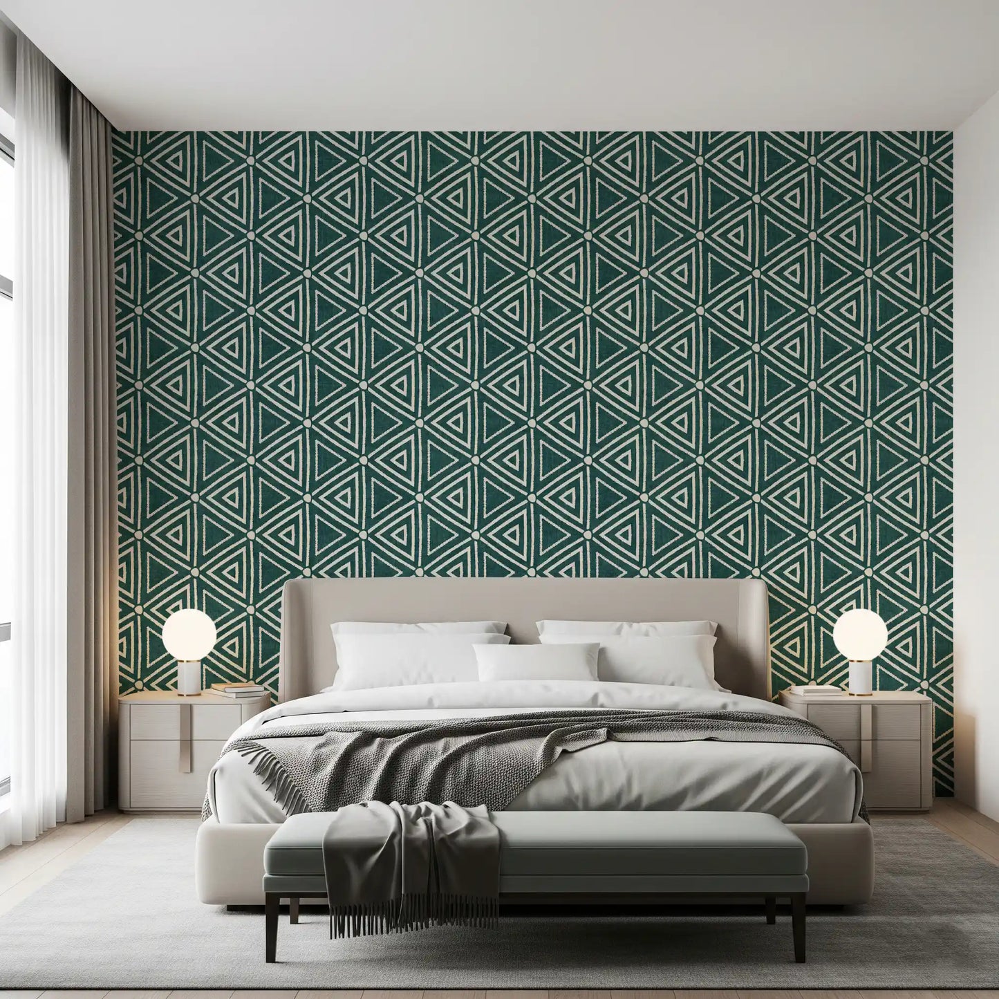 Concentric triangles tile a deep teal field in the Mudcloth Geometric Boho wallpaper
