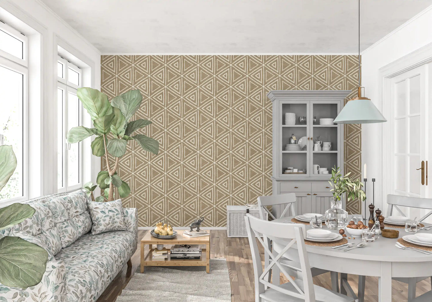 Dining room paired with the sand beige Geometric Triangles wallpaper pattern
