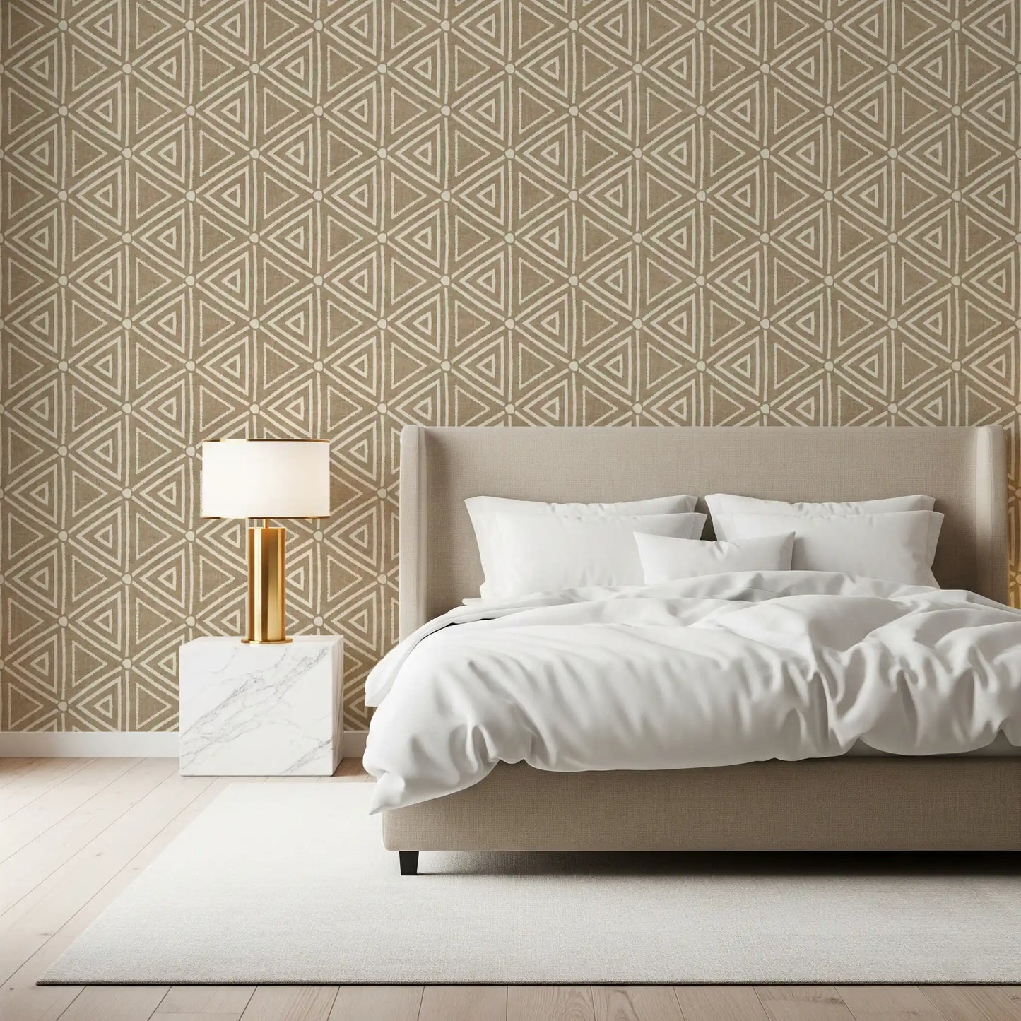 Faint woven texture sits under the repeat in this Sand Beige Triangles wallpaper