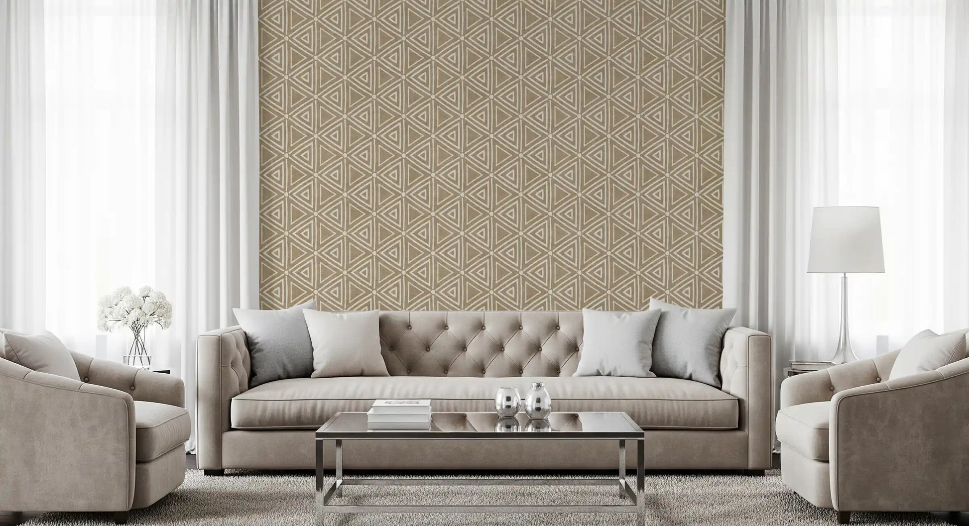 Cream triangles repeat over a sand beige ground in this Mudcloth Boho wallpaper