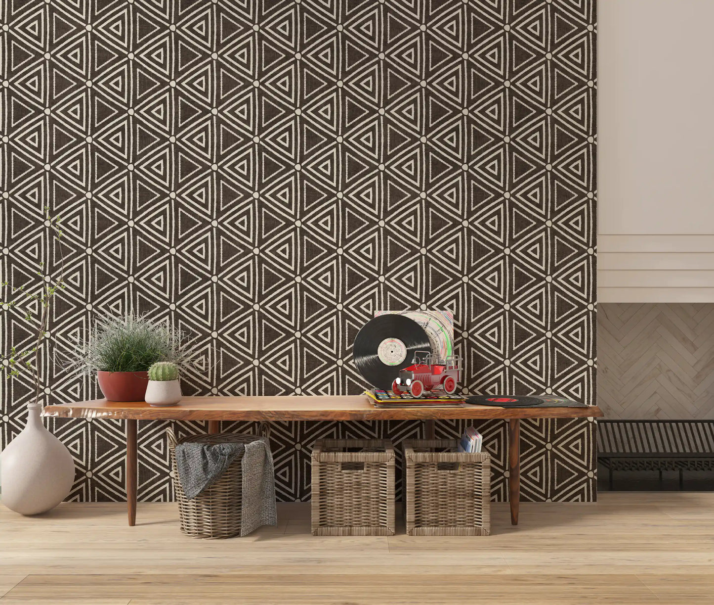 Textured Mudcloth Geometric Triangles Boho Dark Umber Brown  Wallpaper⁠