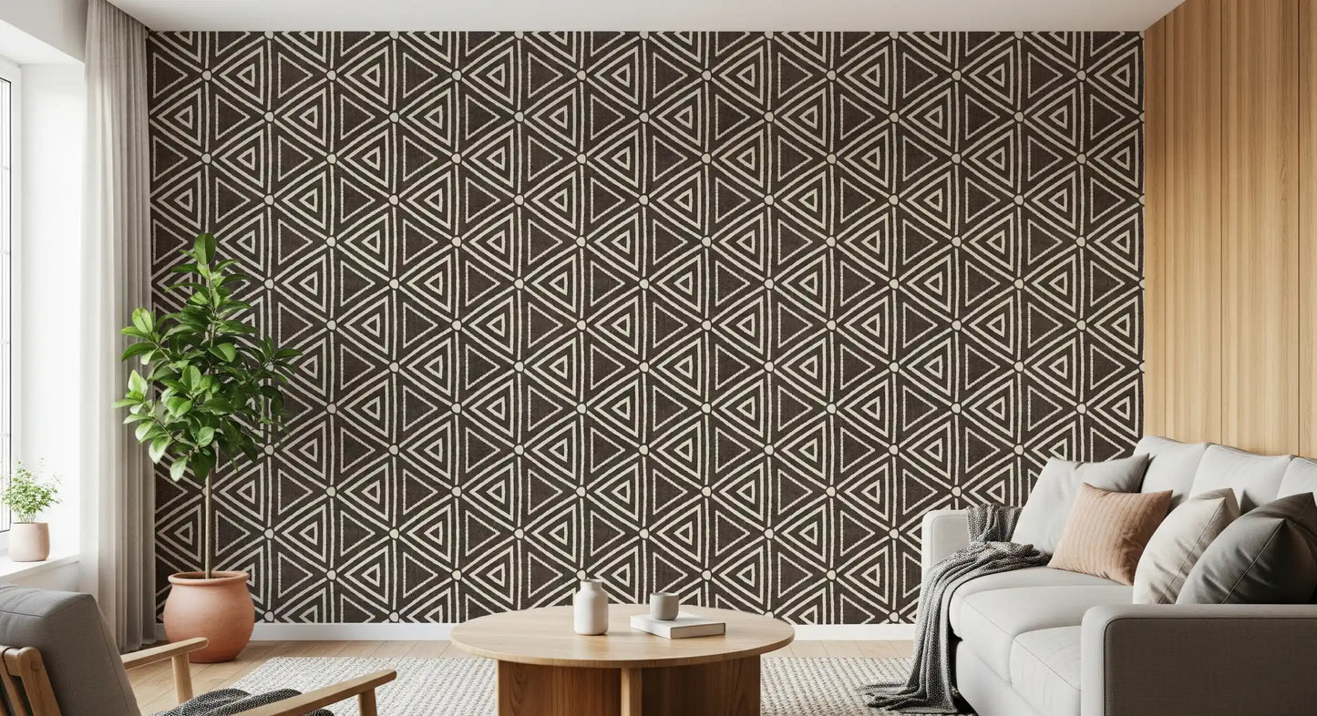 Textured Mudcloth Geometric Triangles Boho Dark Umber Brown  Wallpaper⁠