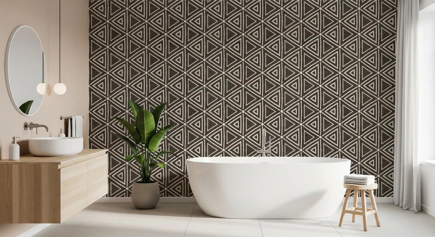 Textured Mudcloth Geometric Triangles Boho Dark Umber Brown  Wallpaper⁠